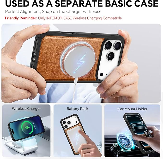 TUCCH Compatible with iPhone 17 Pro Max Detachable Wallet Case with 4 Card Holder, Wireless Charging PU Leather Flip Folio with RFID Blocking Stand Wrist Strap Shockproof Cover, Textured Light Brown