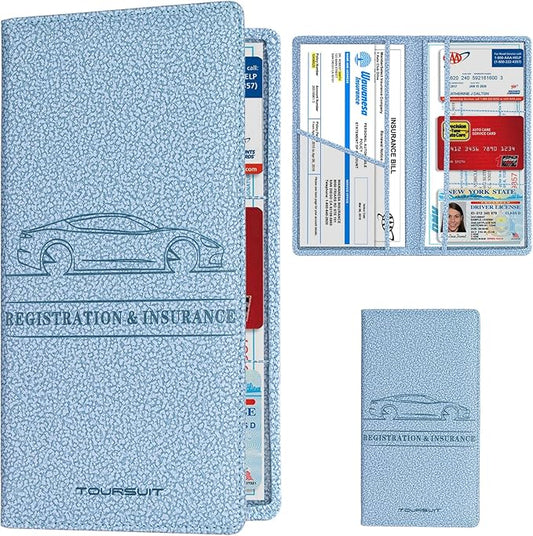 TOURSUIT Car Registration and Insurance Card Holder, Vehicle License Document Glove Box Compartment Organizer, Essential Car Wallet Case for Driver Auto Owners (M Light Blue)