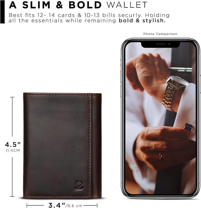 SERMAN BRANDS Trifold Wallet for Men - RFID Blocking Full Grain Leather, 11 Card Slots & ID Window, Slim Everyday Carry, Durable Stitching, Gift for Him