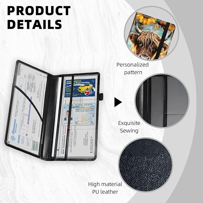 Car Registration and Insurance Holder PU Leather Vehicle Insurance and Registration Holders Wallet Case with Elastic Band Closure for ID Card, Driving Licence, Sunflower Highland Cow