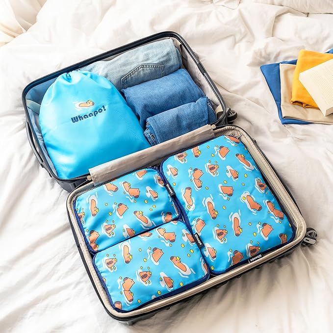 4 Pieces Capybara Cute Packing Cubes - Travel Organizer - Suitcase Organizers for Carry On Luggage - Kids And Diaper Bag - Fun Accessories - Drawstring Laundry Bag
