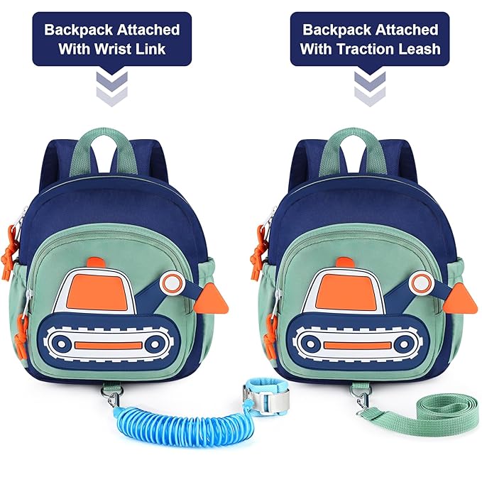 Accmor Toddler Leash Backpack, Cute Excavator Child Bag Harness with Anti Lost Wrist Link, Kid Walking Back Pack Mini Rucksack with Restraints Hand Strap Tether for Baby Boys Outdoor Traveling
