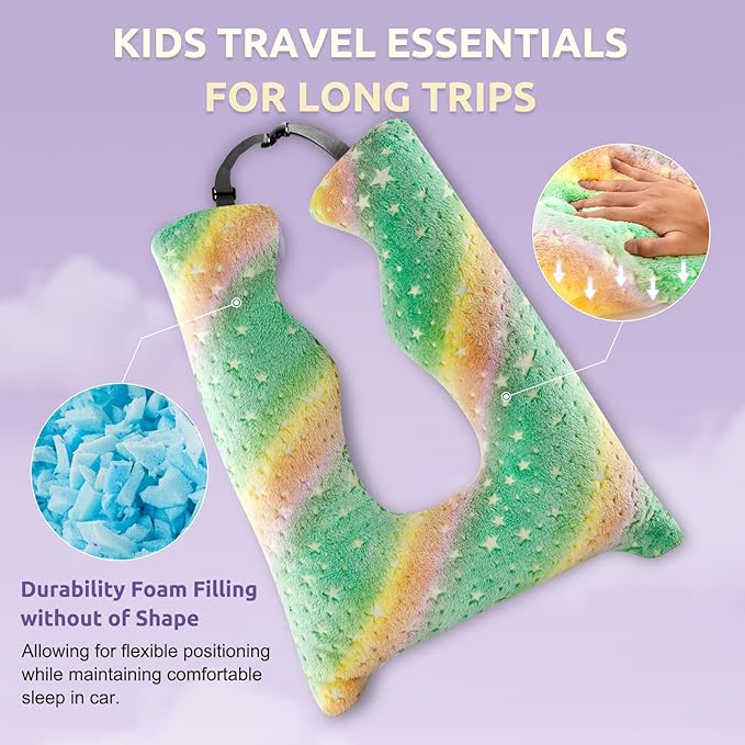 Car Pillow for Kids, Travel Pillow with Adjustable Strap, U-Shaped Pillow for Adults and Children to Support Head and Body Road Trip Essentials (Green)