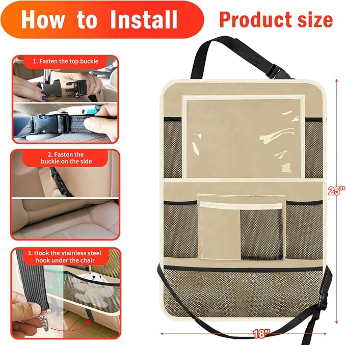 Car Backseat Organizer ，2 Pack Car Organizer Back Seat with 11" Tablet Holder, 10 Storage Pockets Seat Back Protectors Kick Mats for Kids Toddlers, Travel Accessories (Beige)