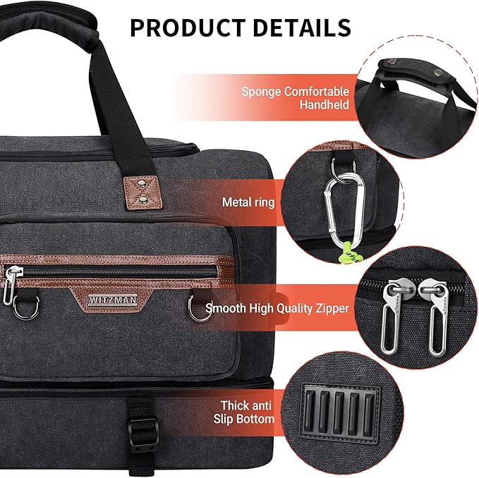 WITZMAN Canvas Weekender Bag Mens Overnight Bag for Traveling Carry on Duffle Bags with Shoes Compartment（A8010 Classic Black）