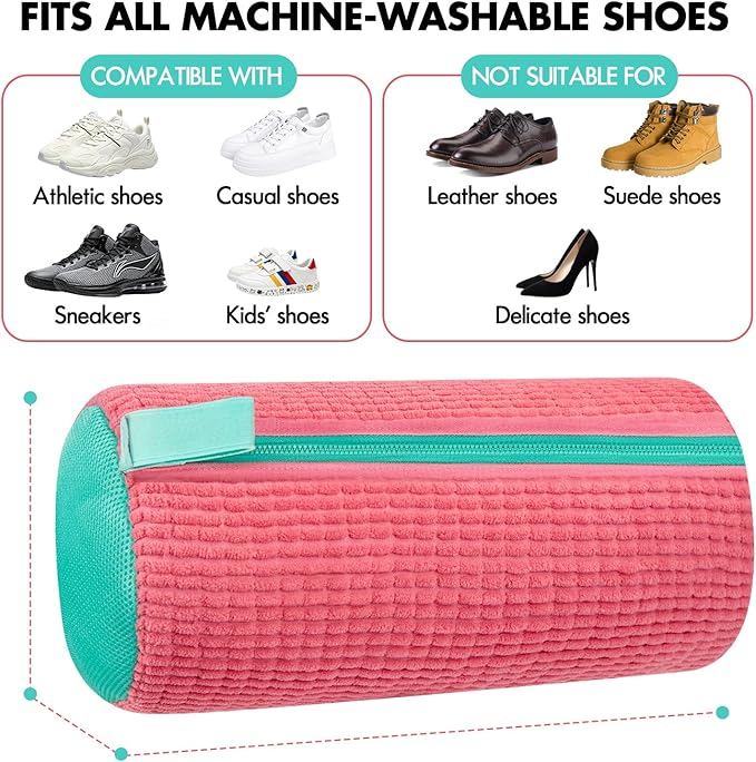 Shoe Washing Machine Bag, Laundry Shoe Bag for Washer and Dryer, Reusable Microfiber Shoe Cleaning Bag with Durable Zipper for Tennis Shoes, Sneakers, Running Shoes, Pink and Green, 1 Piece