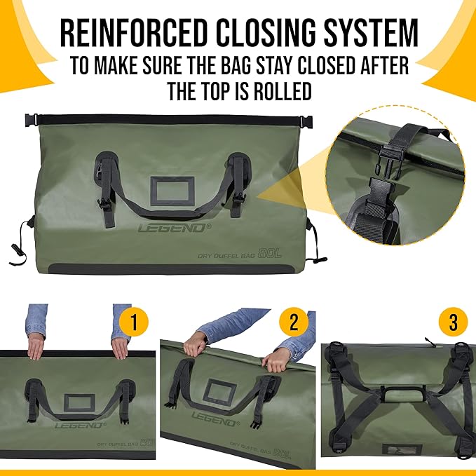 LEGEND Waterproof Duffel Bag - Heavy Duty Duffle Bag for Outdoor, Camping, Boating & Travel, Premium PVC Dry Duffel Bag, Motorcycle Dry Bag with Durable Strap & Handles with Large Storage - 80L Green