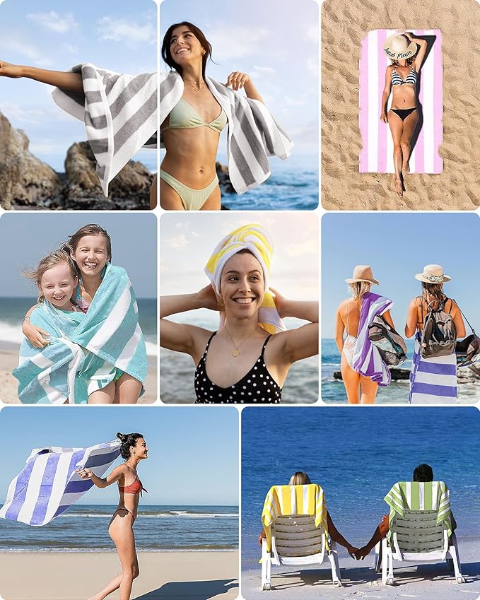 Cotton Oversized Beach Towel - 40 x70 Inch Extra Large Striped Pool Towel, Big Soft Terry Cloth Turquoise Cabana Swim Towel