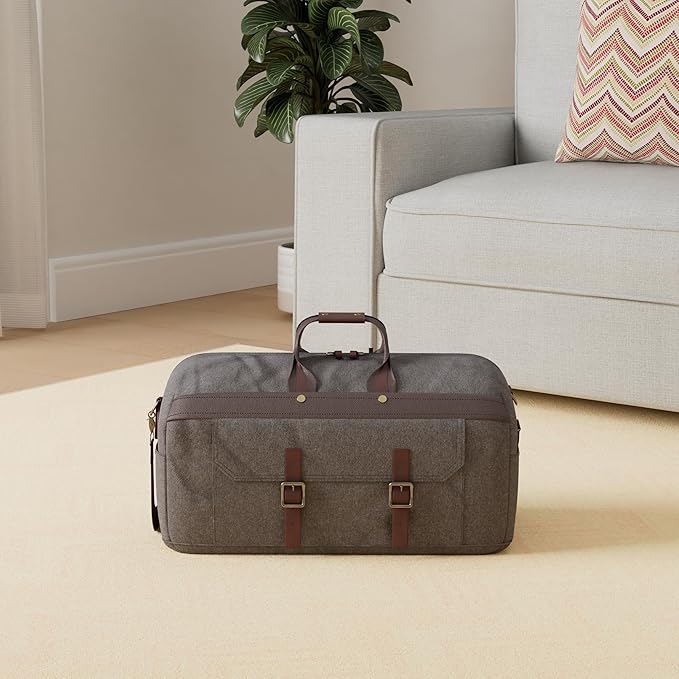 Duffle Bag for Men Waterproof Genuine Leather Canvas Travel Duffel Bags for Women Overnight Weekender Bag for Traveling