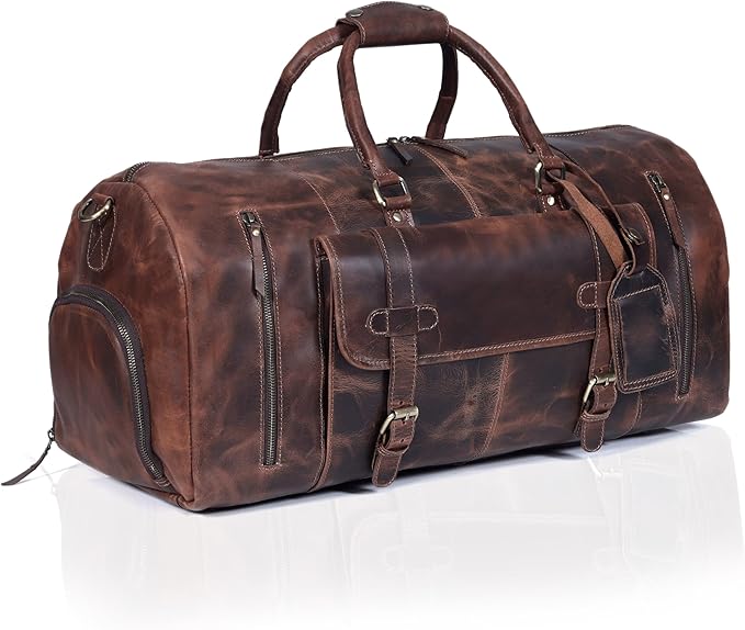 24 Inch Genuine Leather Duffle Bag for Men Travel Overnight Weekender Leather Duffel Bags Sports Gym Duffel for Men and Women Carry On Luggage for Traveling