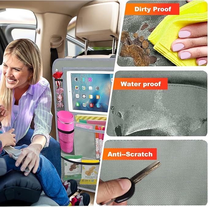 Car Backseat Organizer ，2 Pack Car Organizer Back Seat with 11" Tablet Holder, 10 Storage Pockets Seat Back Protectors Kick Mats for Kids Toddlers, Travel Accessories (Grey)