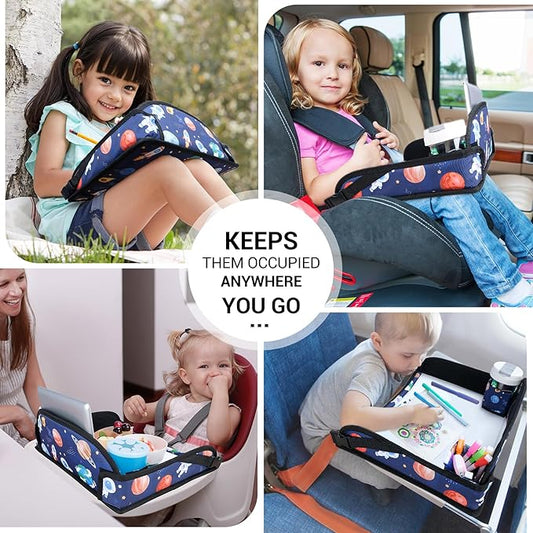 COOLBEBE Kids Travel Tray for Toddler Car Seat, Travel Tray for Airplane, Toddler Car Seat Lap Tray, Carseat Table Tray for Kids Travel Activities (Blue Space)