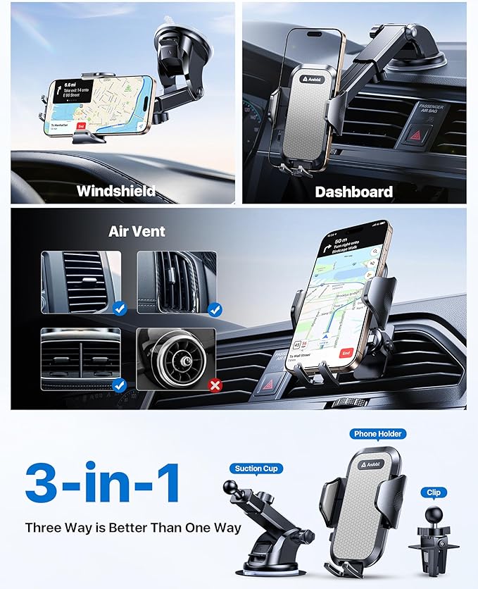 andobil Car Phone Holder, 2025 Military-Grade 89lbs Strongest Suction Phone Holders for Your Car Dashboard/Windshield/Vent Easy Clamp Cellphone Holder Truck Stand for iPhone 17 16 15 Pro Samsung Grey