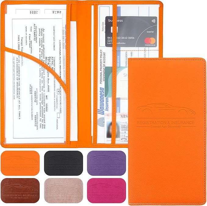 Premium Car Registration & Insurance Card Holder with Magnetic Shut, Vehicle Glove Box Car Organizer - For Documents, Cards, License (Orange)