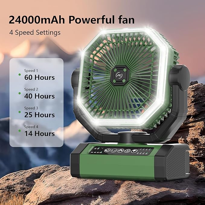 Portable Fan 24000mAh Battery Powered with Remote & LED, 4 Speed Strong Airflow, Desk/Camping/Outdoor/Gym Fan for Office Travel Treadmill Camping Gear