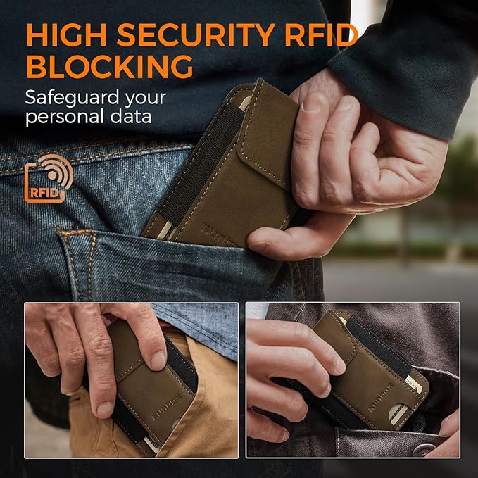 RUNBOX Slim Wallet for Men Front Pocket wallet with Cash Strap Minimalist Leather RFID Blocking wallet
