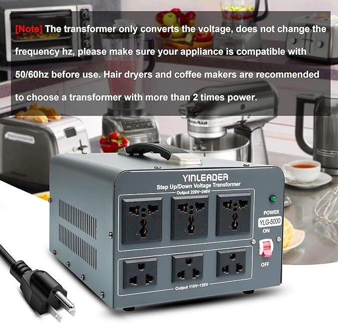 Yinleader 5000 Step Up/Down Transformer Converter 110/120 Volt - 220/240 Volt w/US Power Cord,Circuit Breaker Protection (Grey)