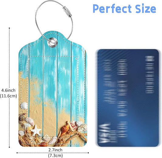 Luggage Tags for Suitcase Rope Shells Sea Sand on Blue Wooden 2 PCS Leather Travel Cruise Luggage Tag with Stainless Steel Loop Name ID Label Privacy Cover for Women Men Travel Bag Labels Set