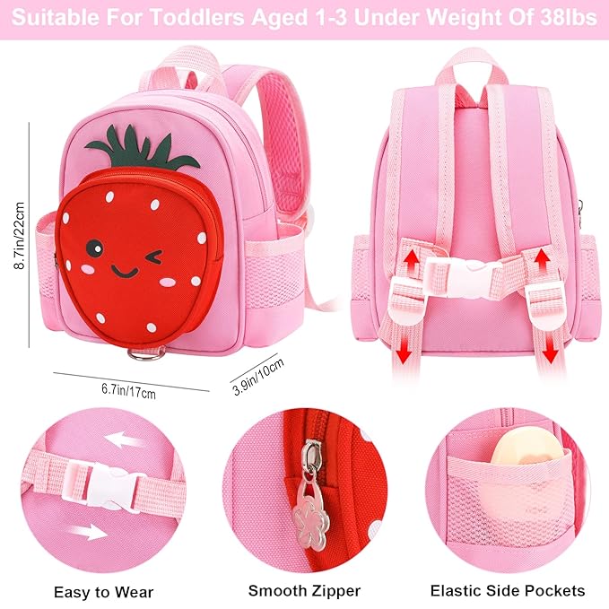 Toddler Backpack with Leash, Accmor 4 in 1 Kids Mini Backpacks with Anti Lost Wrist Link, Cute Child Harness Bag Rein for Outdoor, Strawberry Back Pack Rope Tether for Baby Girls Aged 1-3 Years (Pink)