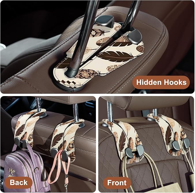 CoBak Purse Hook for Car - Universal Premium Stitched Leather and Aluminum-Magnesium Alloy Double Car Seat Back Storage Hook for Purses, Handbags, Bags (2 Pack),Brown