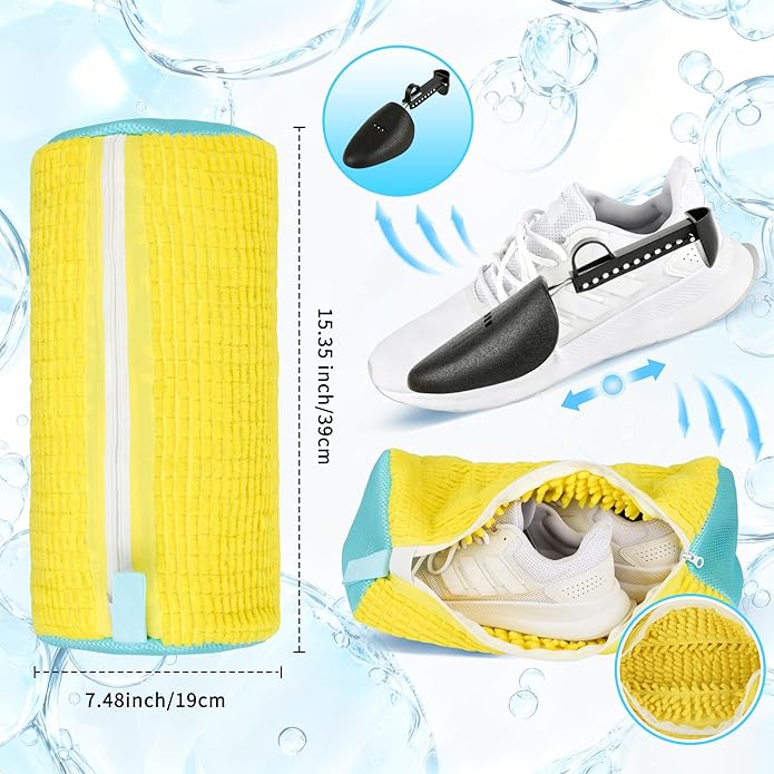 (2-Pack) Shoe Washing Machine Bag with 4 Shoe Trees, Sneaker Laundry Bags for Washer & Dryer, 360° Protective Mesh Shoe Cleaning Bag with Self-Locking Zipper and Safely Wash Shoes in Washing Machine.