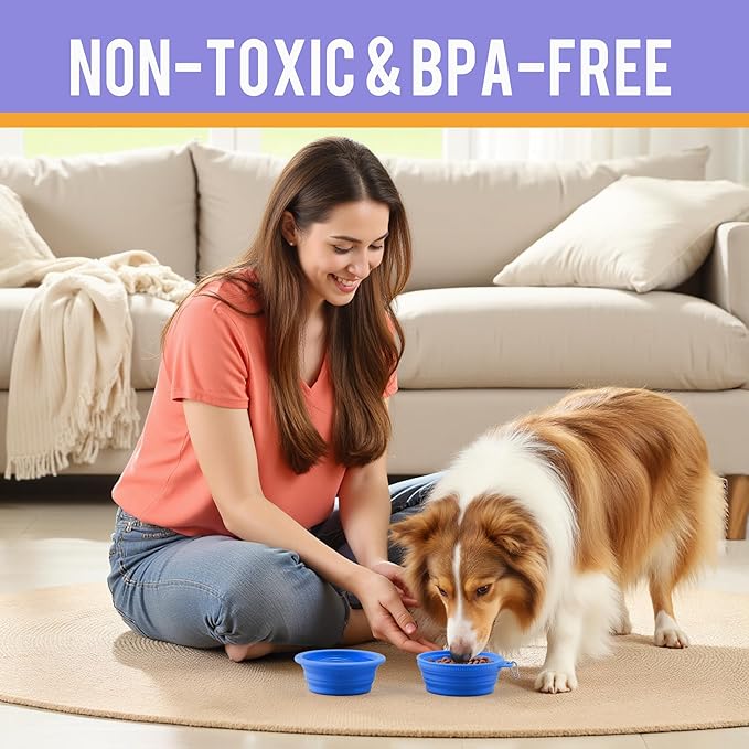 Li&Zhao Collapsible Dog Bowls - Silicone Travel Dog Bowl with Cover Lids Portable Expandable Pet Bowls Portable Water Bow for Cats Feeding Traveling Camping Hiking Walking(Blue)