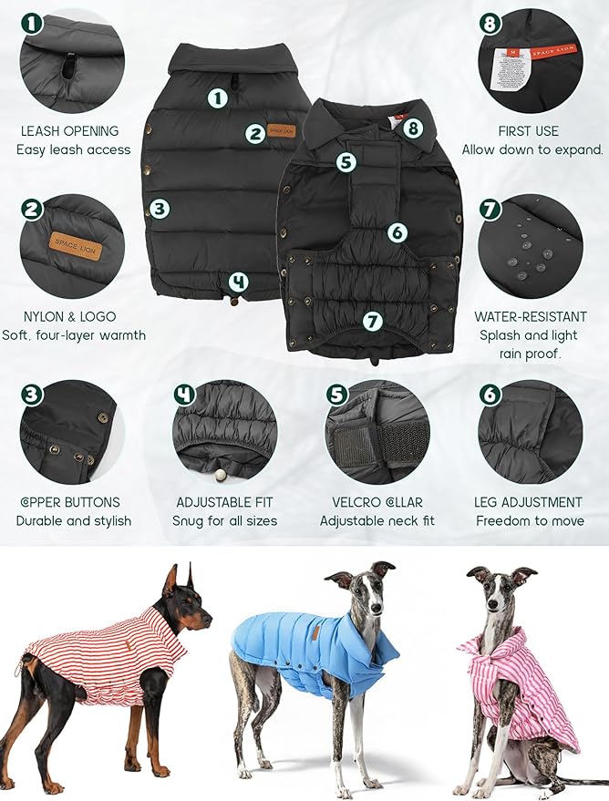 SPACE LION Dog Puffer Jacket, Down Winter Coat, Durable Outdoor Coat for Cold and Windy Conditions, Lightweight & Adjustable Fit Coats for Large Dogs, (Onyx Black,Size28/4XL)