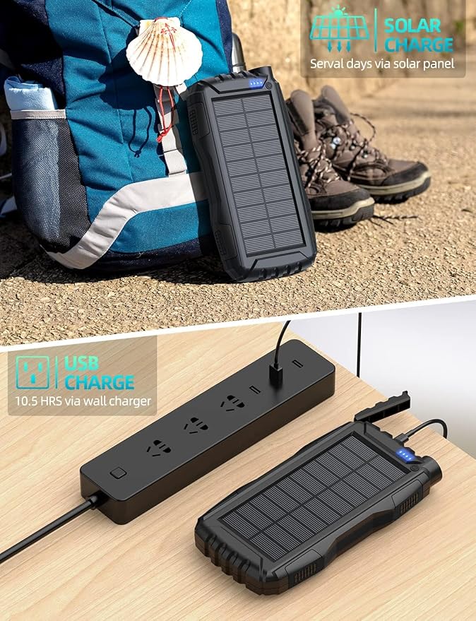 Solar Charger Power Bank 42800mAh, Portable Charger, Solar Power Bank,External Battery Pack 5V3.1A Qc 3.0 Fast Charger Built-in Super Bright Flashlight (Black)