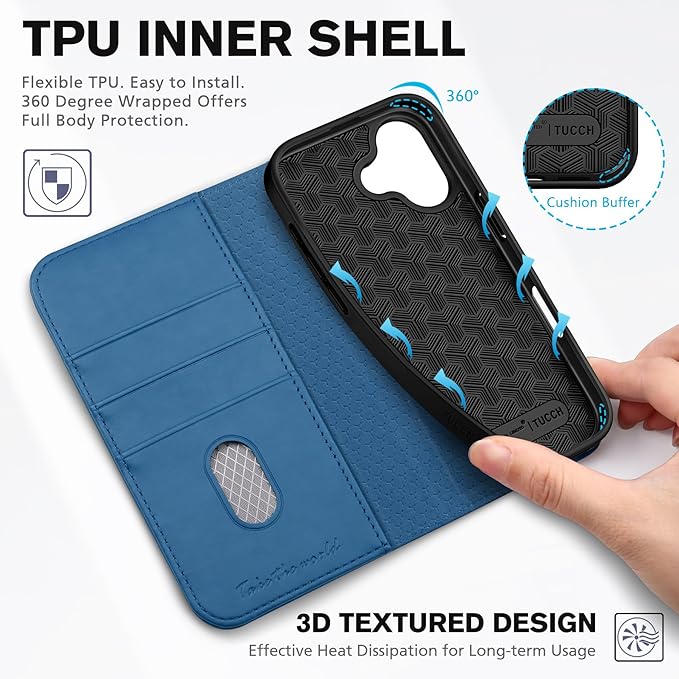 TUCCH Wallet Case for iPhone 17 (6.3-Inch) 2025, 3 Credit Card Slot | RFID Blocking | Stand | PU Leather | Shockproof TPU Interior Shell | Protective Flip Folio Cover | Lake Blue