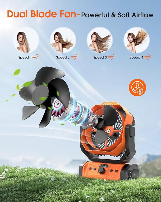 Portable Rechargeable Camping Fan - 20000mAh Cordless Battery Powered Tent Fans with LED Lantern, Remote Auto Oscillating USB C Table Operated Ventilador for Travel Outdoor Beach