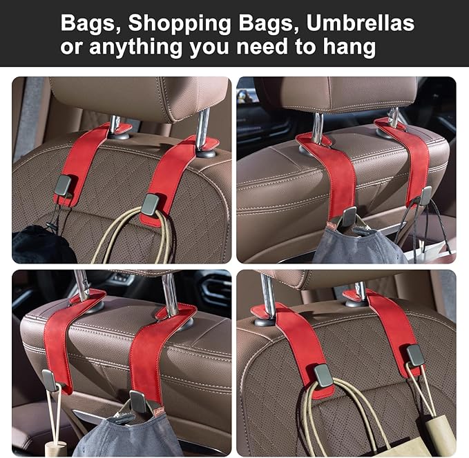 CoBak Headrest Hooks for Car - Universal Premium Stitched Leather and Aluminum-Magnesium Alloy Single Car Seat Back Storage Hook for Purses, Handbags, Bags (2 Pack),Gypsophila Pink