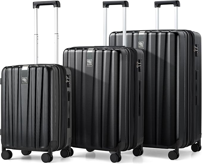 Hanke Expandable Hardshell Luggage Sets 3 piece Carry on Luggage with Wheels Suitcases Lightweight Checked Travel Luggage Rolling Large Suitcase Travel Luggage Bag Woman Men 20/24/29 Inch(Jet Black)