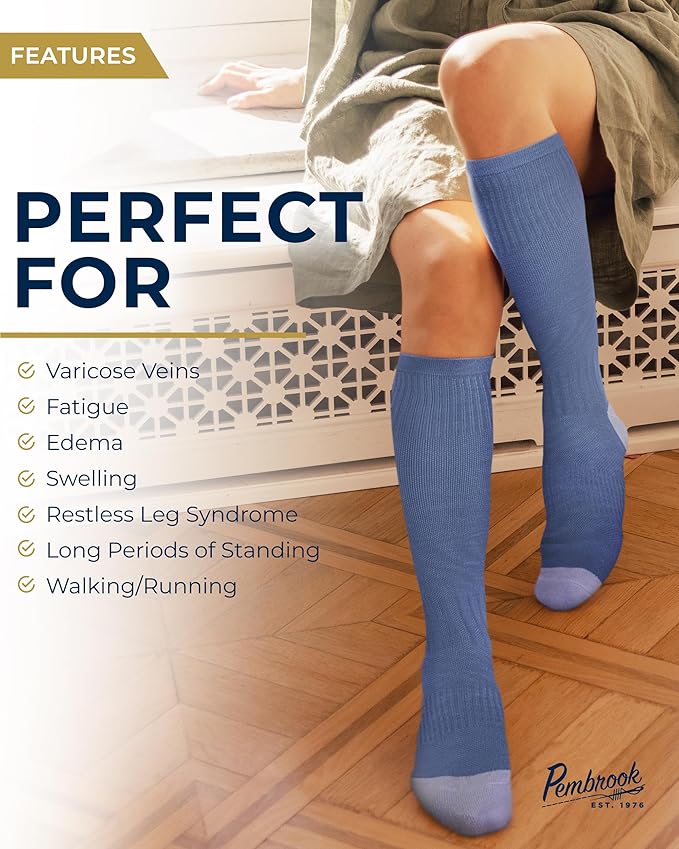 Pembrook Bamboo Viscose Light Compression Socks - 3 Pairs | 8-15 mmhg Compression Socks | Knee High Comfort Support Socks
