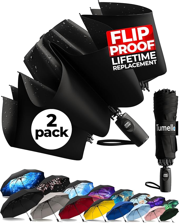 TUMELLA Flip-proof Inverted Travel Umbrella, Small Strong but Light Portable and Automatic Reverse Folding Rain Umbrella, Durable Premium Grip, Fits Car & Backpack