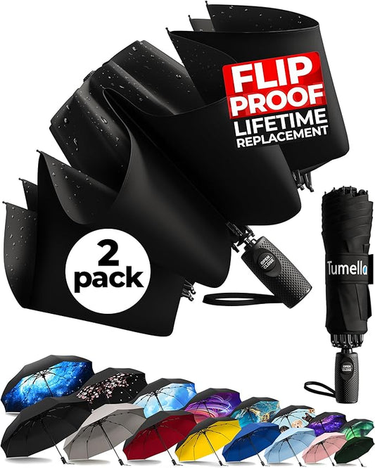 TUMELLA Flip-proof Inverted Travel Umbrella, Small Strong but Light Portable and Automatic Reverse Folding Rain Umbrella, Durable Premium Grip, Fits Car & Backpack