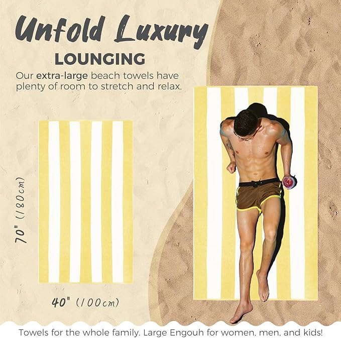 Cotton Oversized Beach Towel - 40 x70 Inch Extra Large Striped Pool Towel, Big Soft Terry Cloth Yellow Cabana Swim Towel