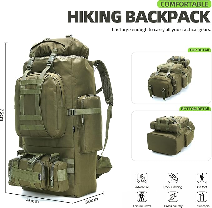 HongXingHai 100L Camping Hiking Backpack,Molle military Tactical rucksack backpack,Waterproof Lightweight Hiking Backpack (Army Green)