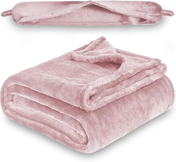 2 in 1 Travel Blanket, Soft Warm Blanket with Cozy Neck Pillow Case, Portable Blanket Set for Airplane, Camping, Car (Dusty Pink)