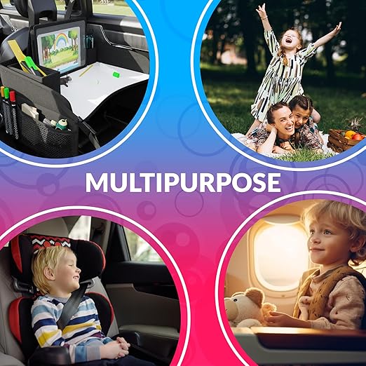 AMZ Supply Kids Travel Tray for Kids Car Seat. Toddler Car Seat Tray Table with 6 Compartments and Tablet Stand. Foldable Toddler Table for Travel. Folding Portable Desk. Compact Road Trip Essentials