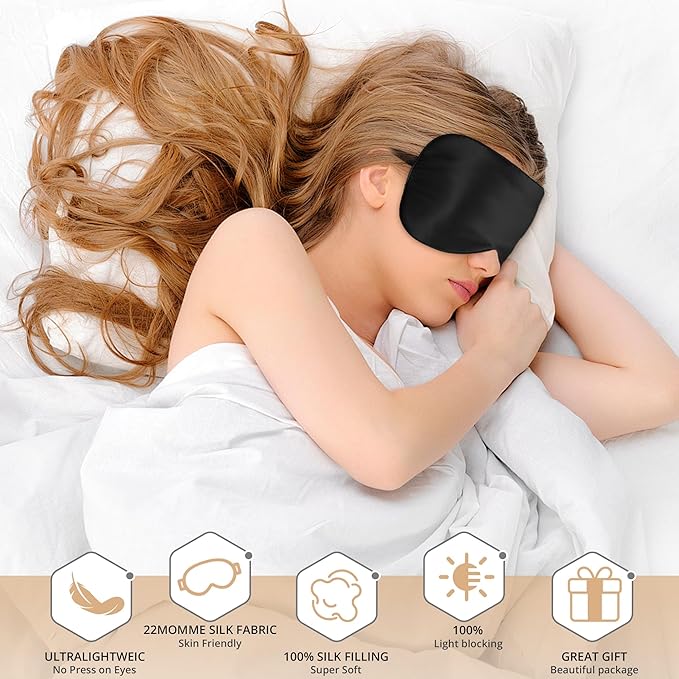 Silk Sleep Mask 100% 22 Momme Mulberry, Sleep Eye Mask for Women Men, Blackout Blindfold with Adjustable Strap, Side Sleeper Eye Cover, Soft Eyeshade Filled with Premium Mulberry Silk (Black)