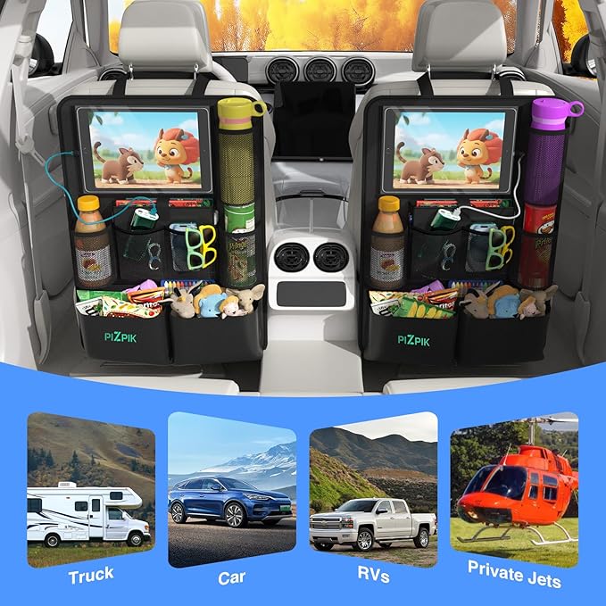 Car Backseat Organizer with Tablet Holder,11 Storage Pockets with Foldable Food Tray, Protector Kick Mats for Kids, Travel Accessories Organizer (Black, 2Pack)