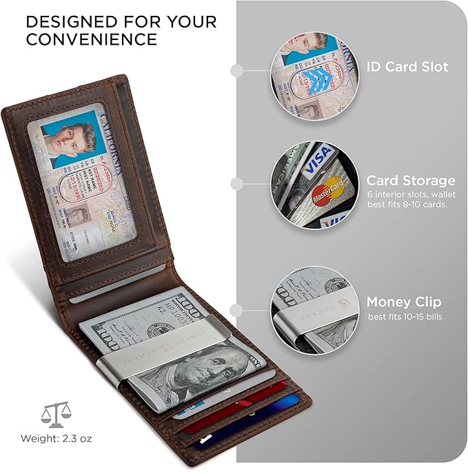 SERMAN BRANDS Mens Money Clip Wallet. RFID Blocking Slim Front Pocket Wallets for Men, Full Grain Leather RFID Minimalist Card Holder | RFID Blocking, Slim, Front Pocket, RFID, Minimalist, Card Holder