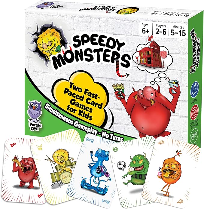 Speedy Monsters - Kids Card Games Ages 4-8, 8-12, Fun, Matching Card Games for Kids 8-12. Speed Color Monster Game, Reflex & Strategy Game for Travel& Game Night with Cute Monster Cards, 2-6 Players