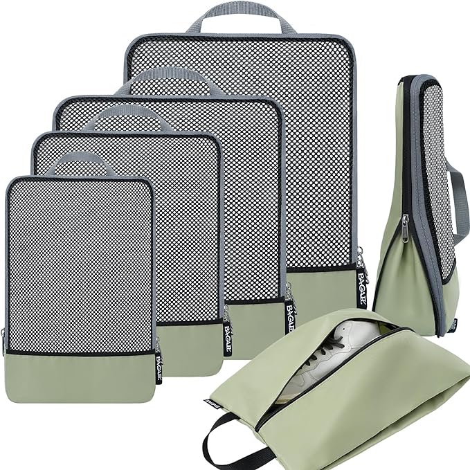 BAGAIL 4 Set/6 Set/8 Set Compression Packing Cubes Travel Accessories Expandable Packing Organizers (Half Mesh, 6-Matcha Green)
