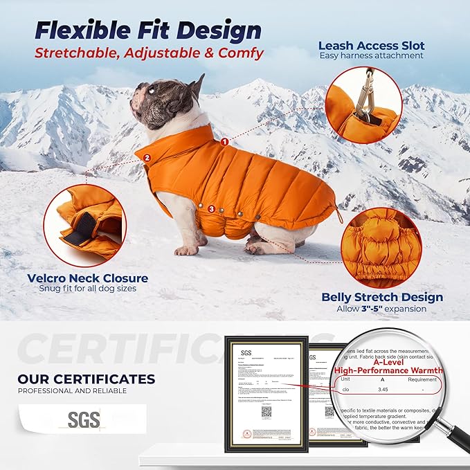SPACE LION Dog Puffer Jacket, Down Winter Coat, Durable Outdoor Coat for Cold and Windy Conditions, Lightweight & Adjustable Fit Coats for Small & Medium Dogs, (Orange, Size 12 Gift Box)