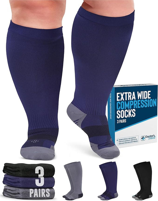 Doctor's Select 3 Pairs Plus Size Compression Socks Wide Calf - Up to 6XL | 20-30 mmHg Compression Socks for Women Wide Calf Soreness Support | Black, Gray, Navy