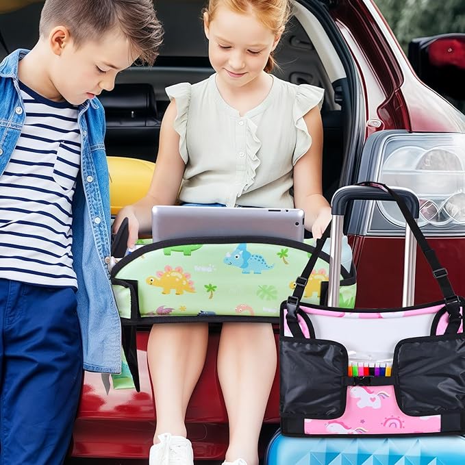 WENRENER 2PCS Kids Travel Tray, Car Seat Tray for kids Travel, Toddler Road Trip Essentials With Drawing Kit, Toddler Lap Desk Organizer for Car, Carseat Table for Airplane