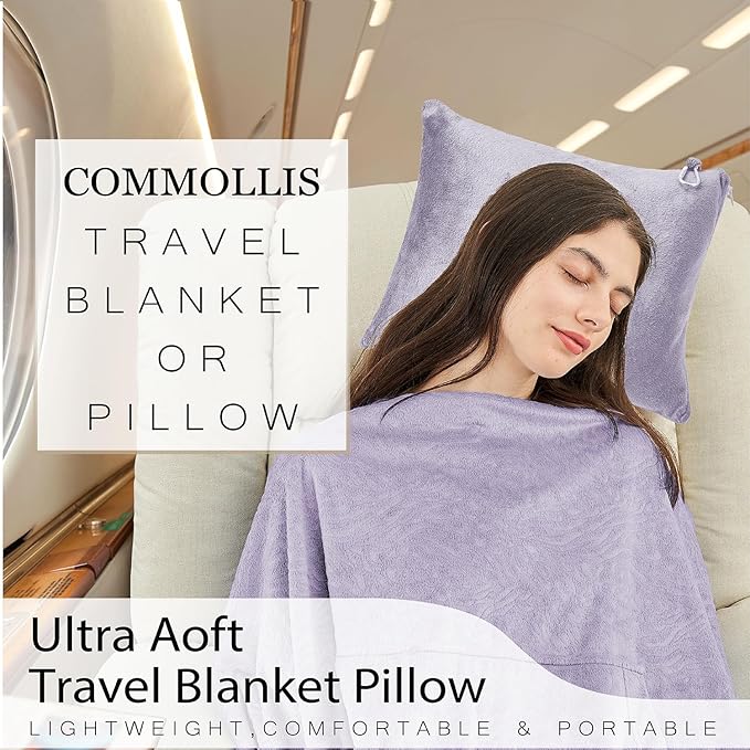 Commollis 2-in-1 Travel Blanket & Pillow for Airplane, Car, Train - Warm Compact Flight Blanket with Luggage Strap & Backpack Clip, Machine Washable, All-Season Use