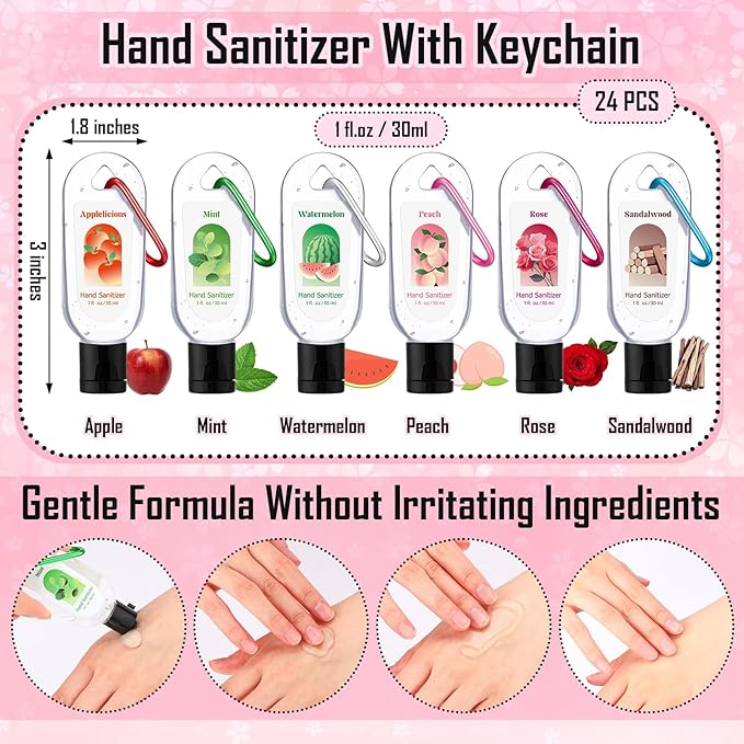 24 Pack Scented Hand Sanitizers Keychain Gift Bulk Travel Size White Hand Sanitizer Gel for Christmas Wedding Party Favors Treat Goodie Bag Stuffer Coworker Nurse Birthday Gifts