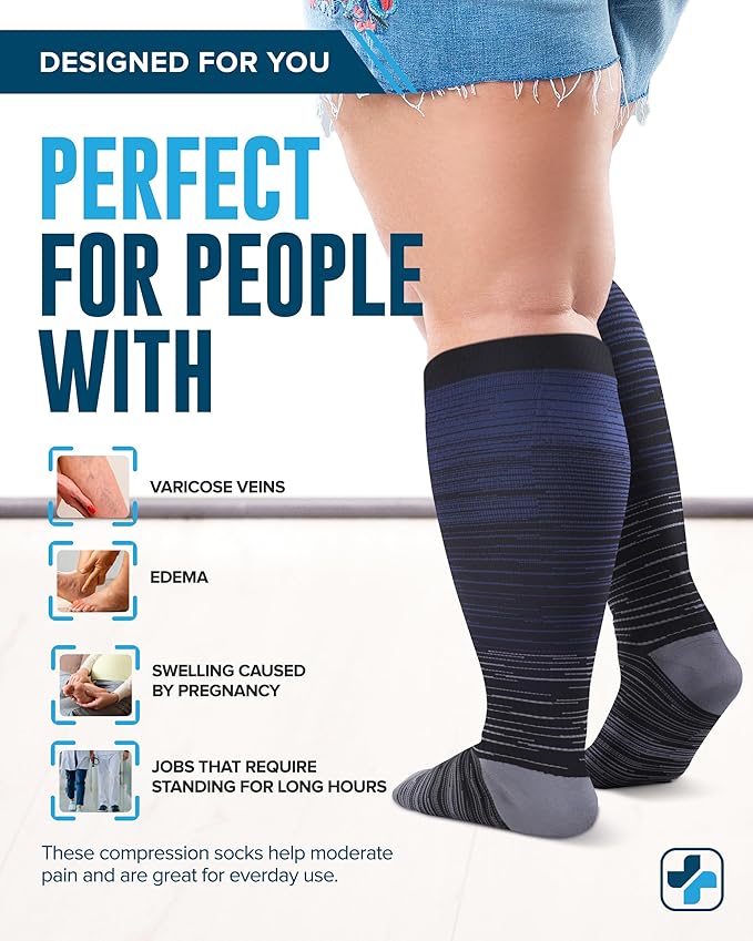 Doctor's Select 3 Pairs Plus Size Compression Socks Wide Calf - Up to 6XL | 20-30 mmHg Compression Socks for Women Wide Calf | Line Patterns 2